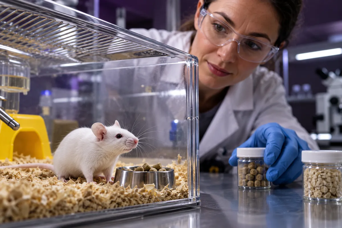 Une souris au premier plan dans un habitat de laboratoire, observée par une technicienne.