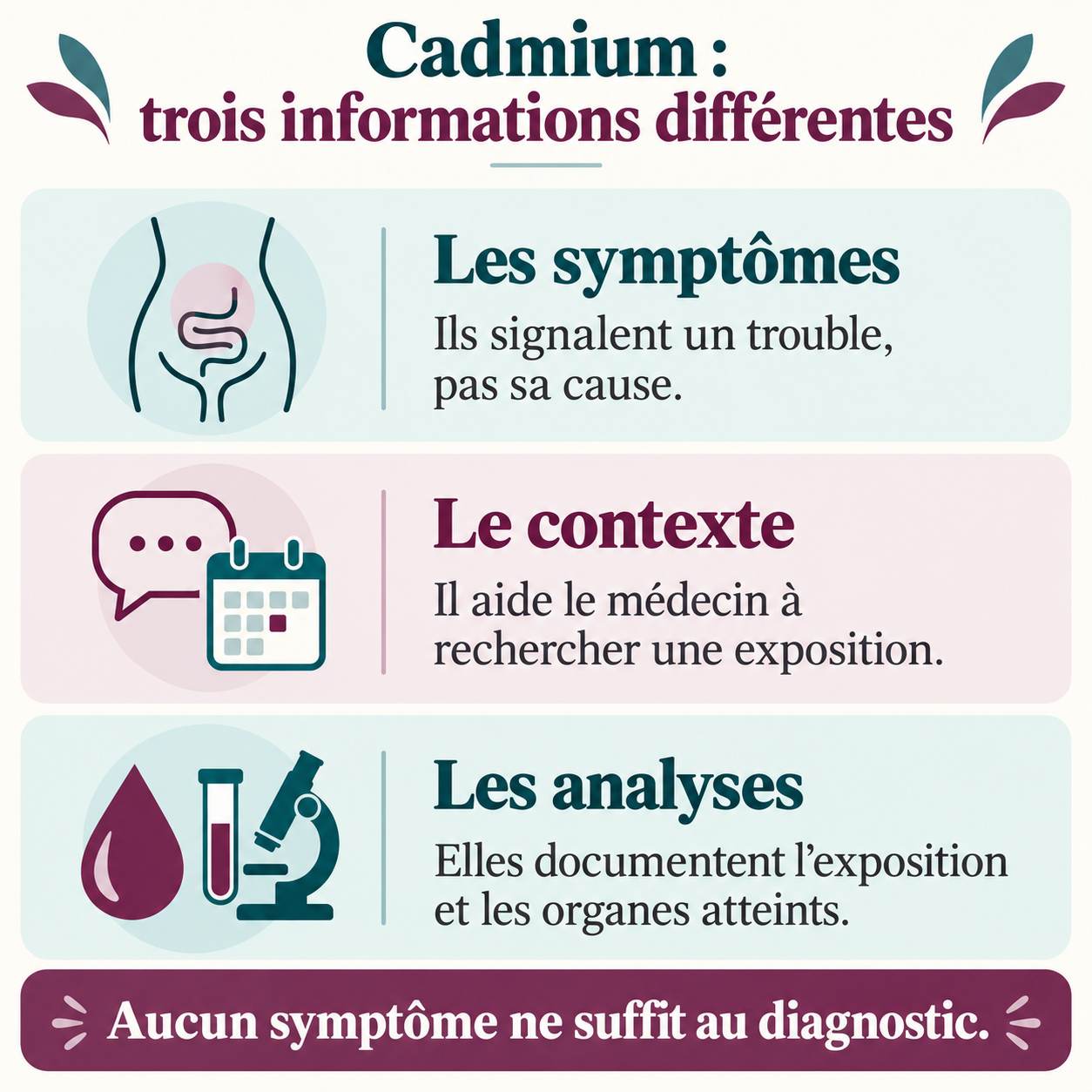 Symptômes, contexte et analyses apportent des informations différentes dans la recherche d’une exposition au cadmium.