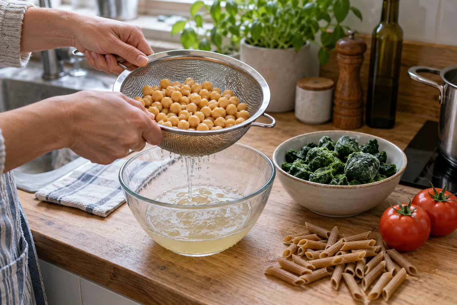 Des mains égouttent des pois chiches près de légumes et de pâtes complètes sur un plan de travail.