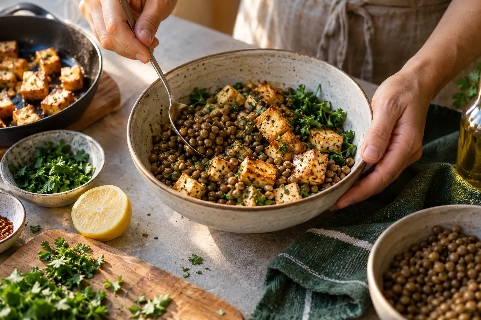 Tofu et lentilles dans la préparation d’un repas Scène culinaire illustrative montrant des mains préparant du tofu et des lentilles, deux aliments cités par l’UNIGE pour diversifier les protéines végétales.