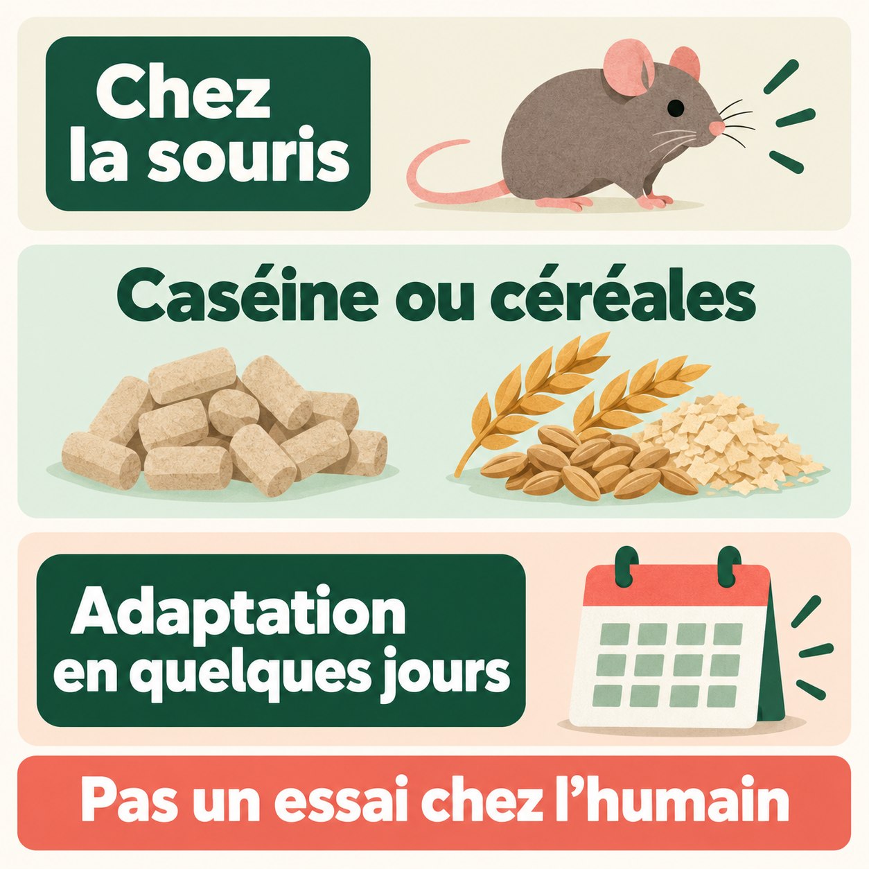 Une adaptation alimentaire observée chez la souris Infographie sur l’étude animale : caséine ou céréales et adaptation en quelques jours, avec la précision qu’il ne s’agit pas d’un essai chez l’humain.