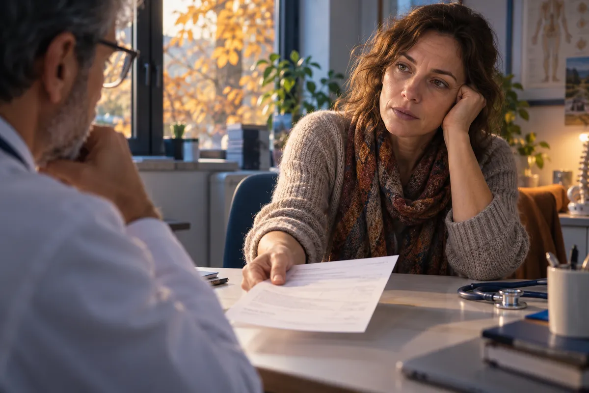 Illustration d’un échange entre un patient et un médecin autour d’une feuille d’analyse.