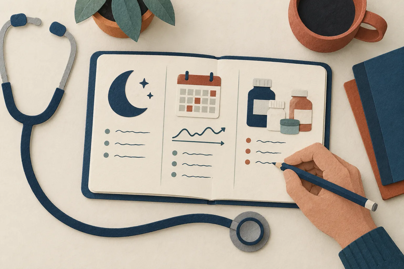 Illustration d’un carnet, d’un calendrier, de repères de sommeil et d’un stéthoscope sur une table.