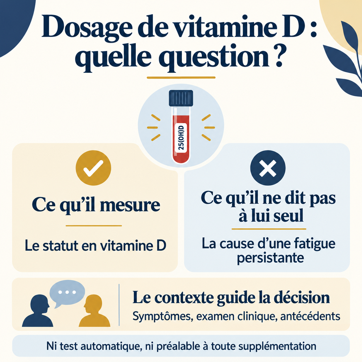 Infographie distinguant le statut en vitamine D mesuré par la 25(OH)D, la cause de la fatigue et le contexte clinique.