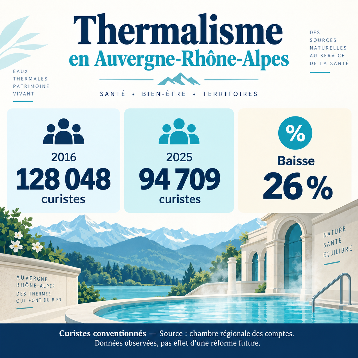 En Auvergne-Rhône-Alpes, 128 048 curistes conventionnés en 2016 et 94 709 en 2025, soit une baisse de 26 % selon la chambre régionale des comptes.