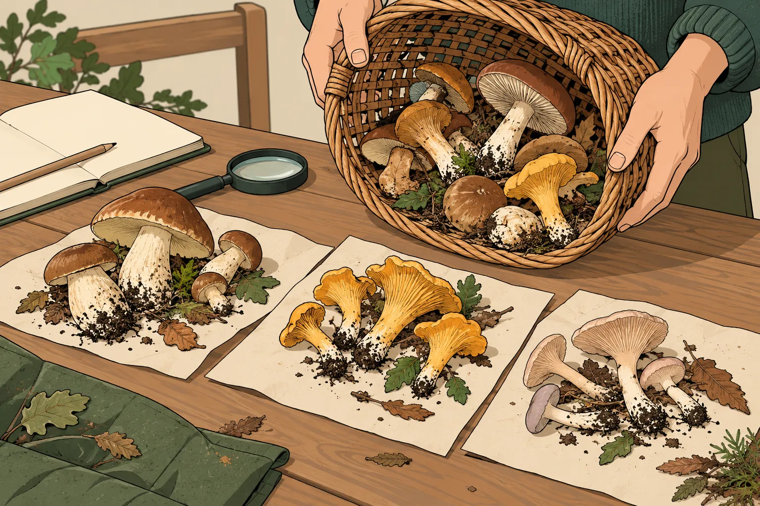 Mise en scène dessinée d’une récolte de champignons entiers, présentée en lots séparés sur une table.