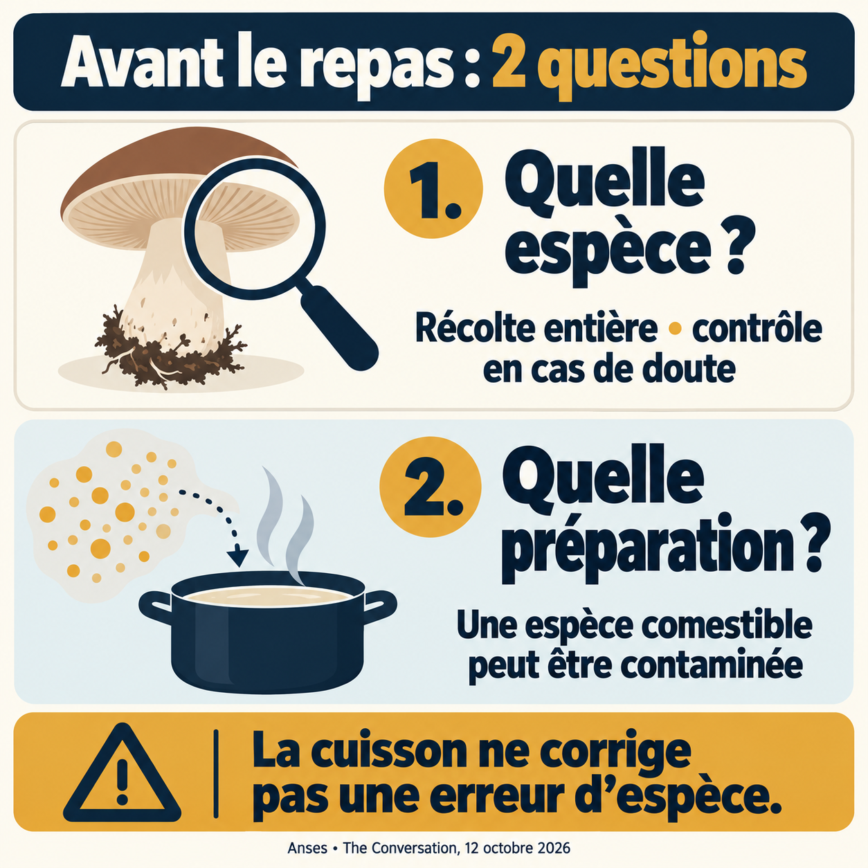 Deux questions avant le repas : identifier l’espèce puis préparer un aliment qui peut être contaminé même s’il est comestible.