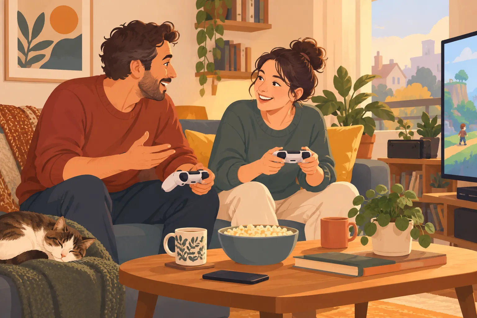 Deux adultes échangent autour d’une console dans une scène dessinée de loisir partagé.