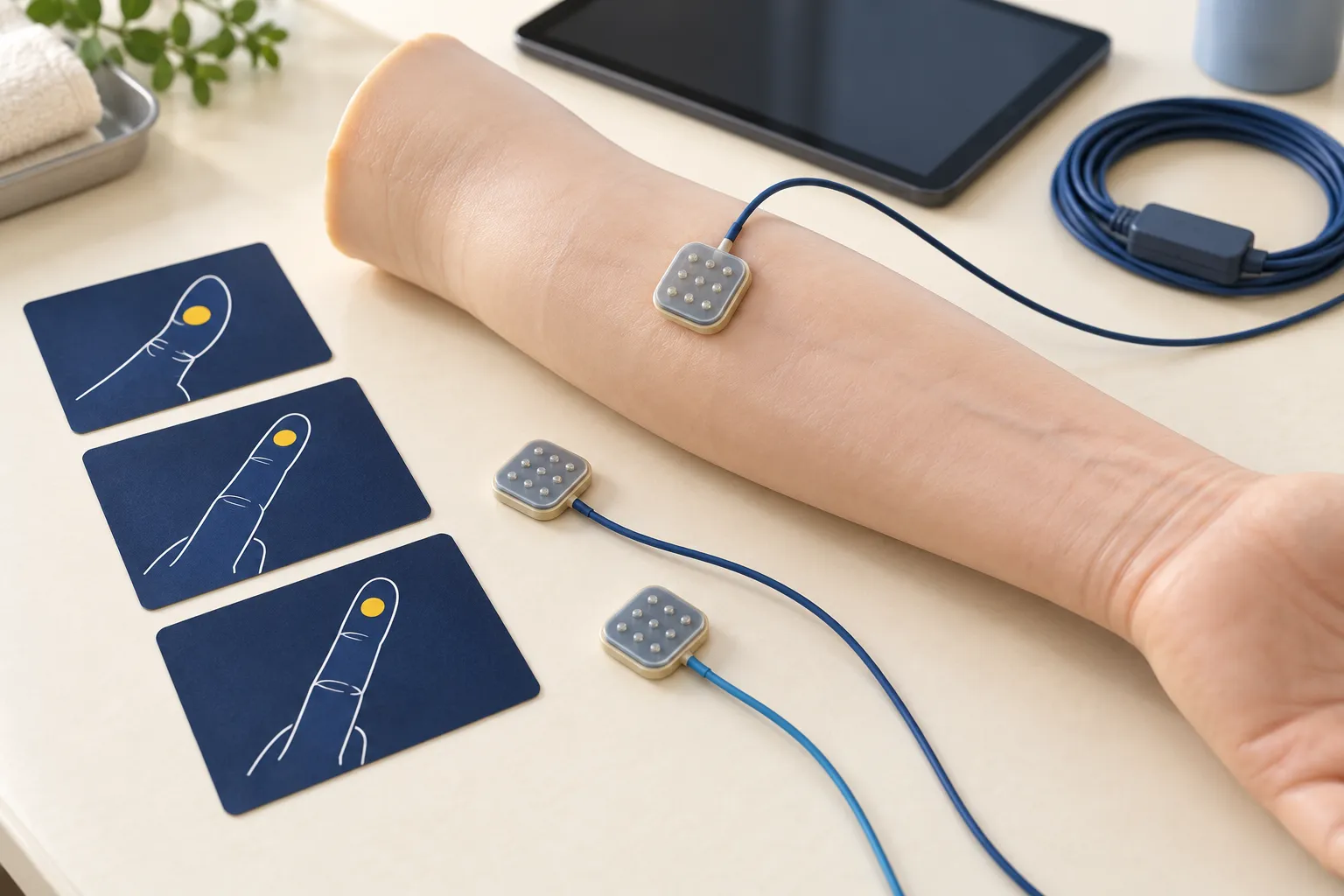 Modèle pédagogique d’avant-bras avec petits modules de stimulation cutanée et cartes de repérage des doigts.