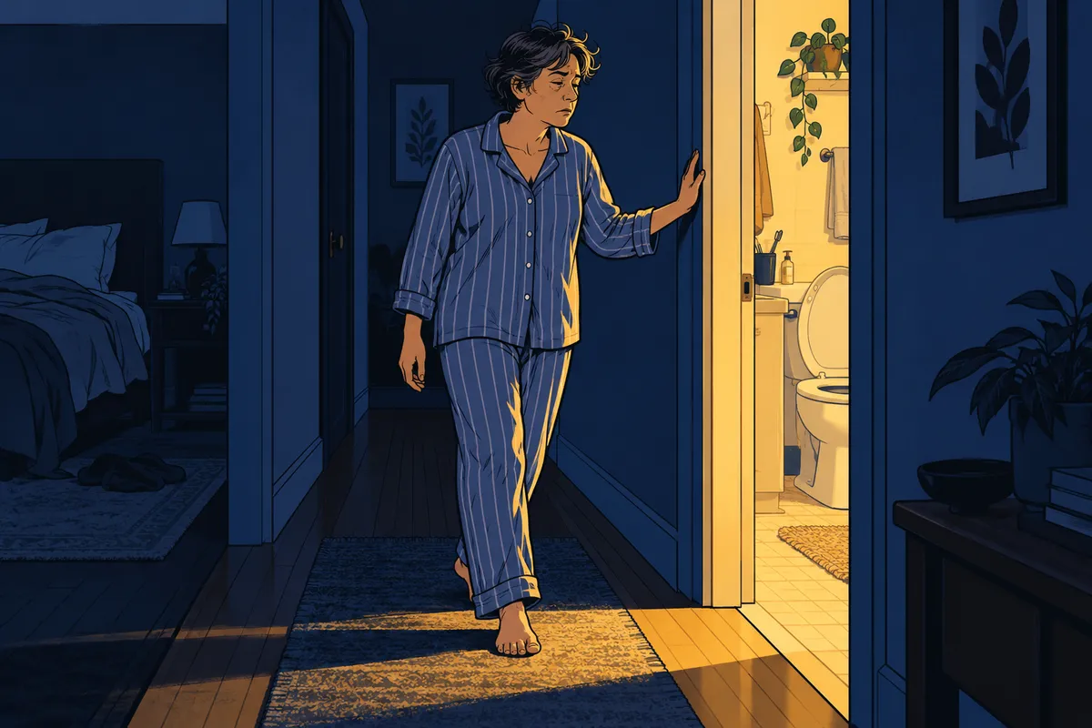 Dessin de presse d’un adulte dans un couloir nocturne, près d’une salle de bain éclairée.