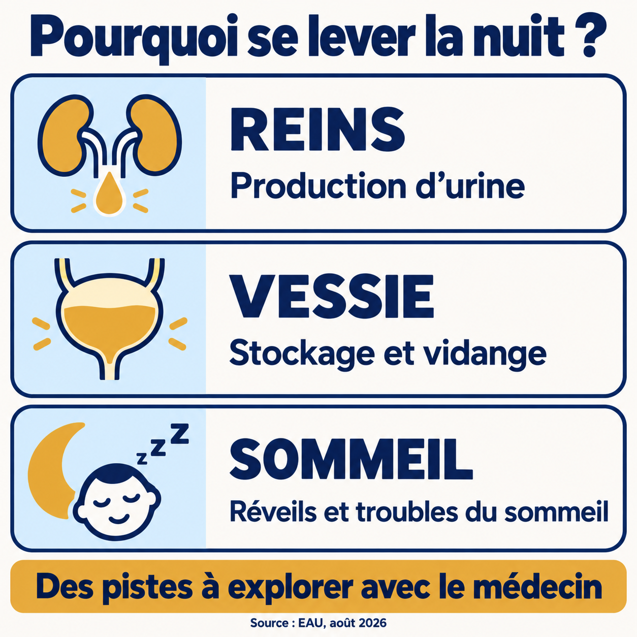 Trois pistes pour explorer les levers urinaires nocturnes : production par les reins, stockage et vidange de la vessie, sommeil.