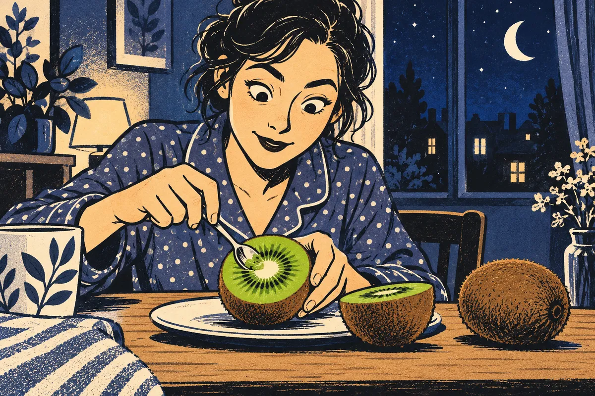 Illustration d’une adulte en pyjama préparant deux kiwis à une table, devant une fenêtre nocturne.