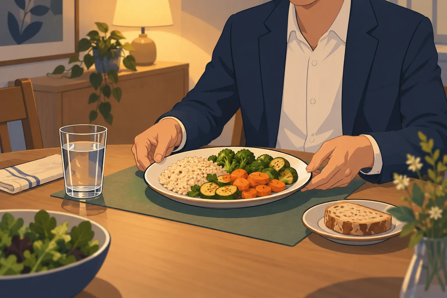 Illustration d’un repas du soir avec une assiette de légumes et de riz, du pain et un verre d’eau.
