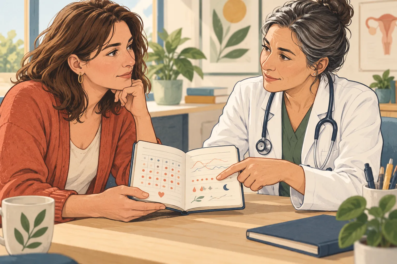 Illustration d’une femme et d’une médecin échangeant autour d’un carnet dans un cabinet de consultation.