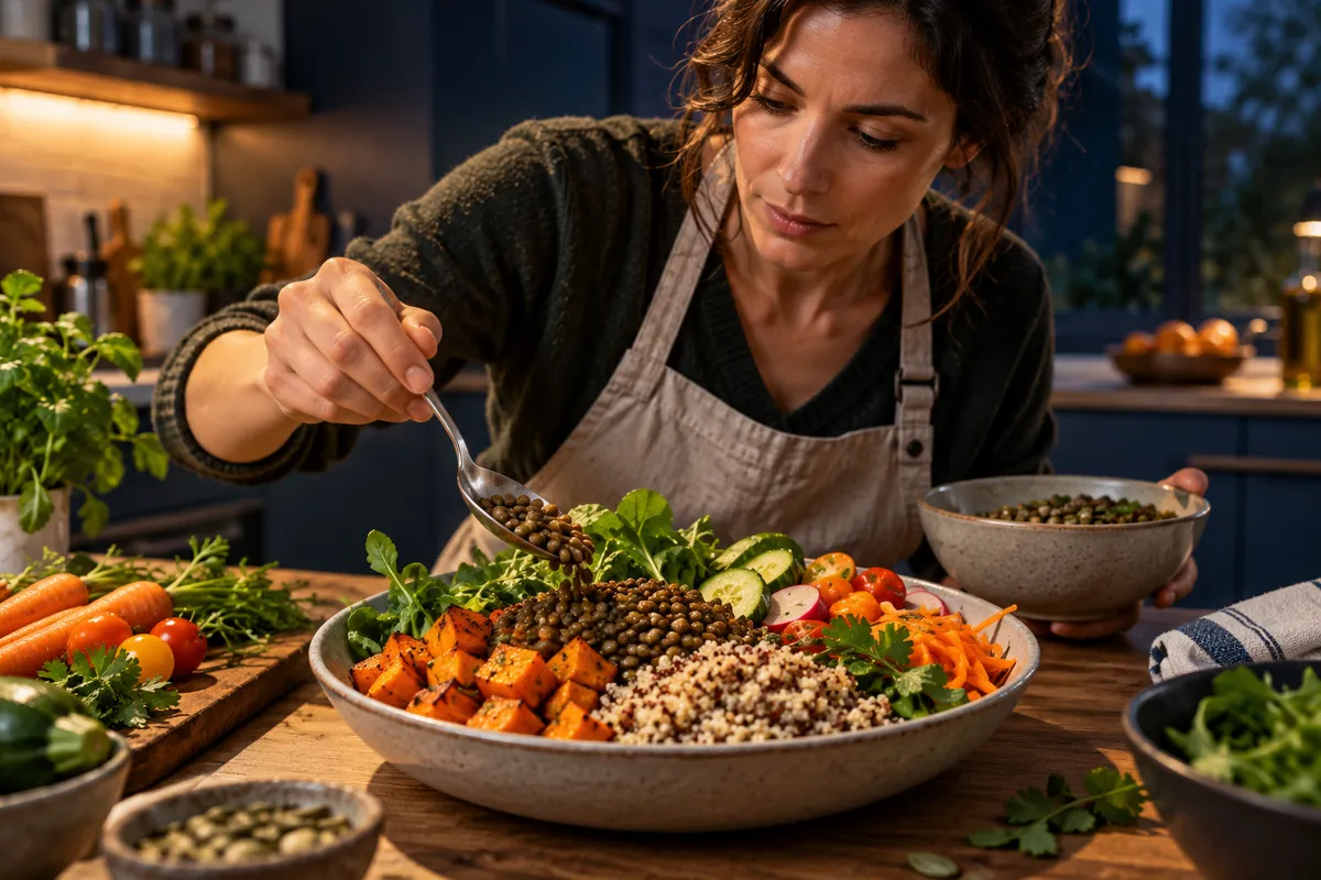 Préparation d’une assiette de légumes, légumineuses et céréales dans une cuisine.