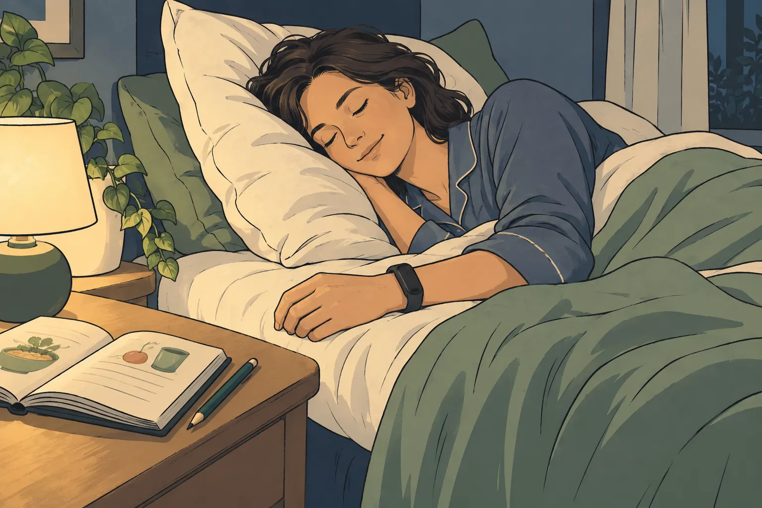 Illustration d’un suivi du sommeil au poignet, avec un carnet alimentaire à proximité.
