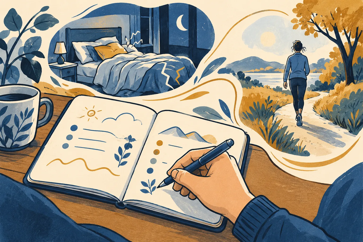 Des repères sur la douleur consignés dans un carnet, avec des évocations du sommeil et des activités.