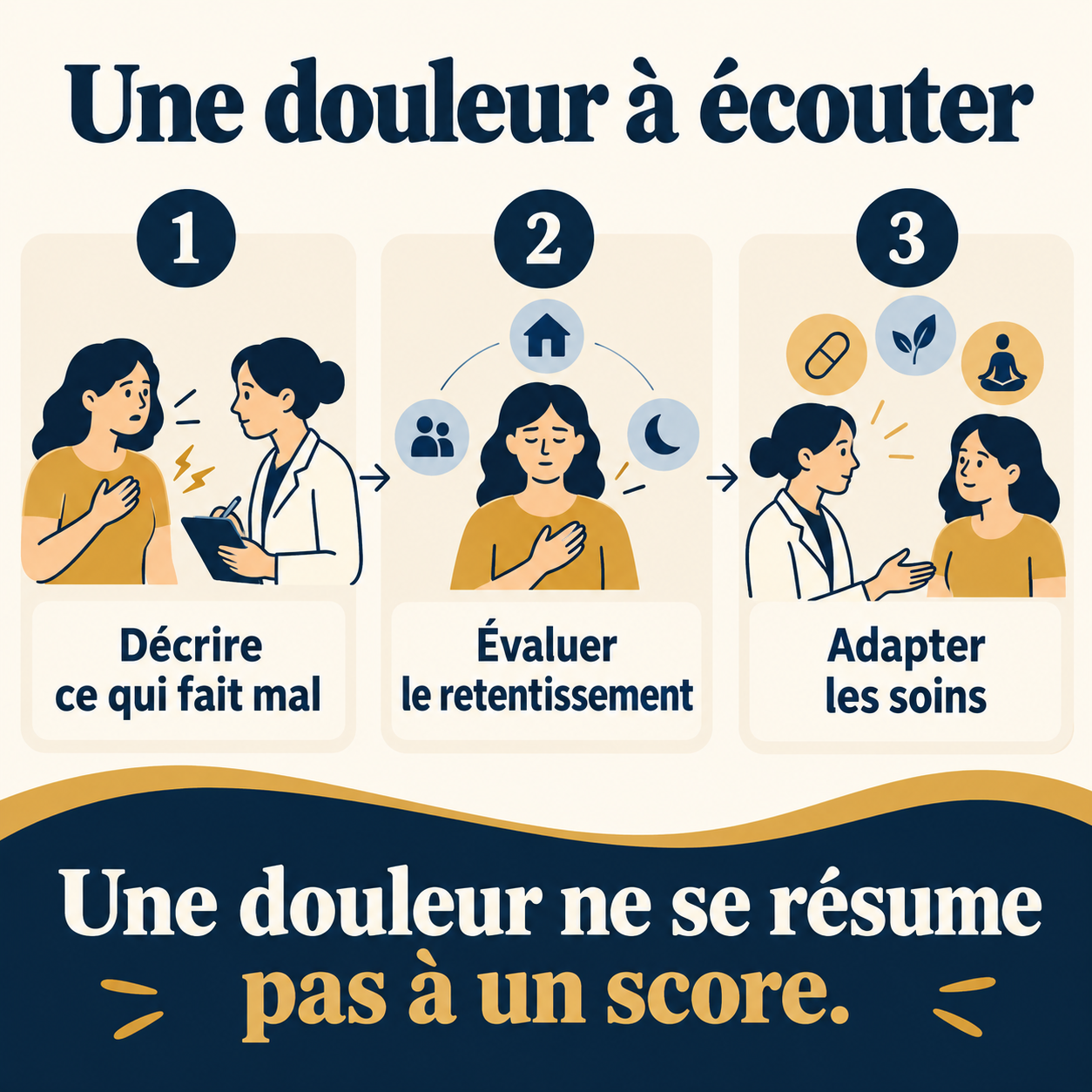 Trois étapes pour prendre en compte une douleur : description, retentissement et soins adaptés.