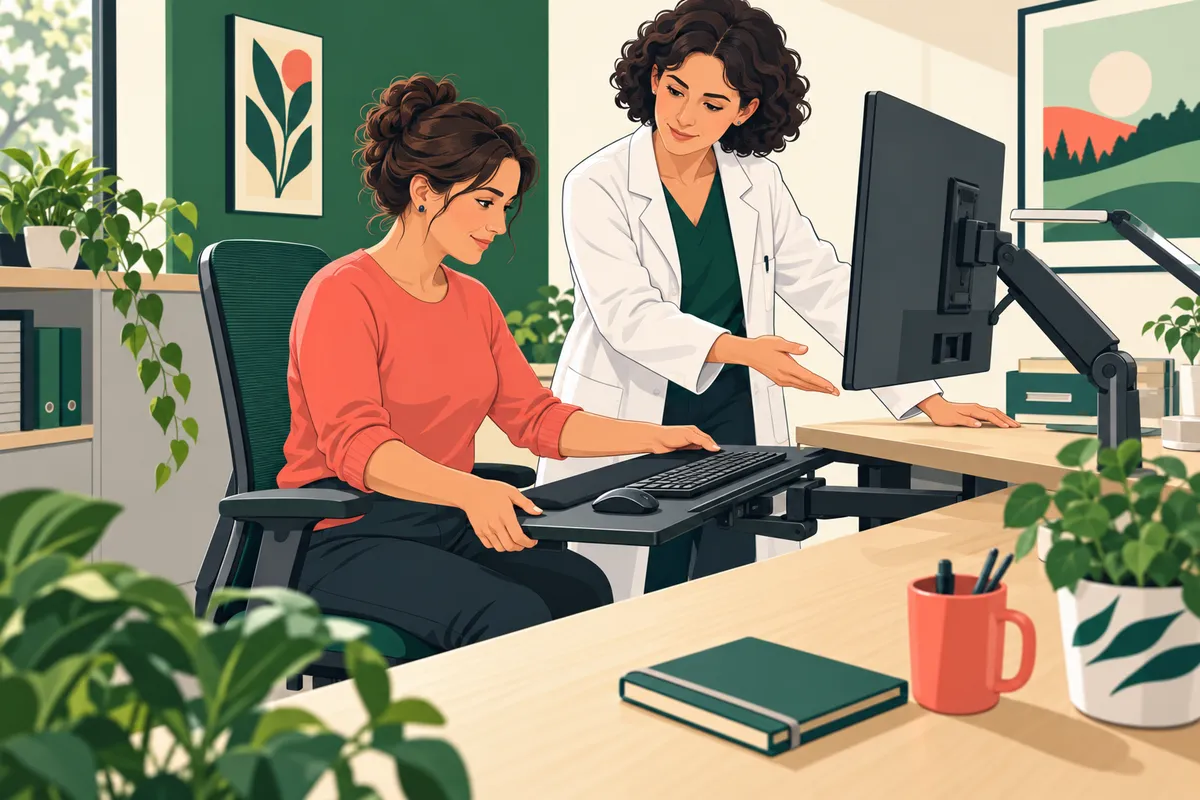 Une salariée et un médecin du travail réorganisent ensemble un poste de travail dans une illustration dessinée.