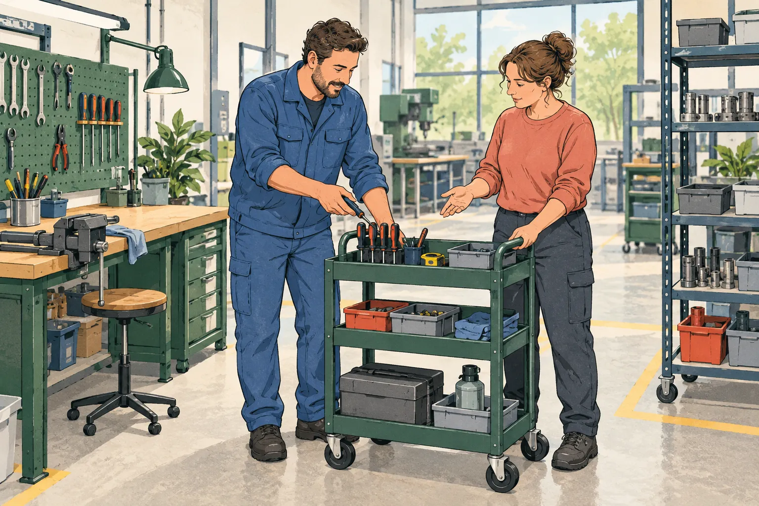 Dans un atelier dessiné, un salarié et une collègue réorganisent les outils sur un chariot de travail.