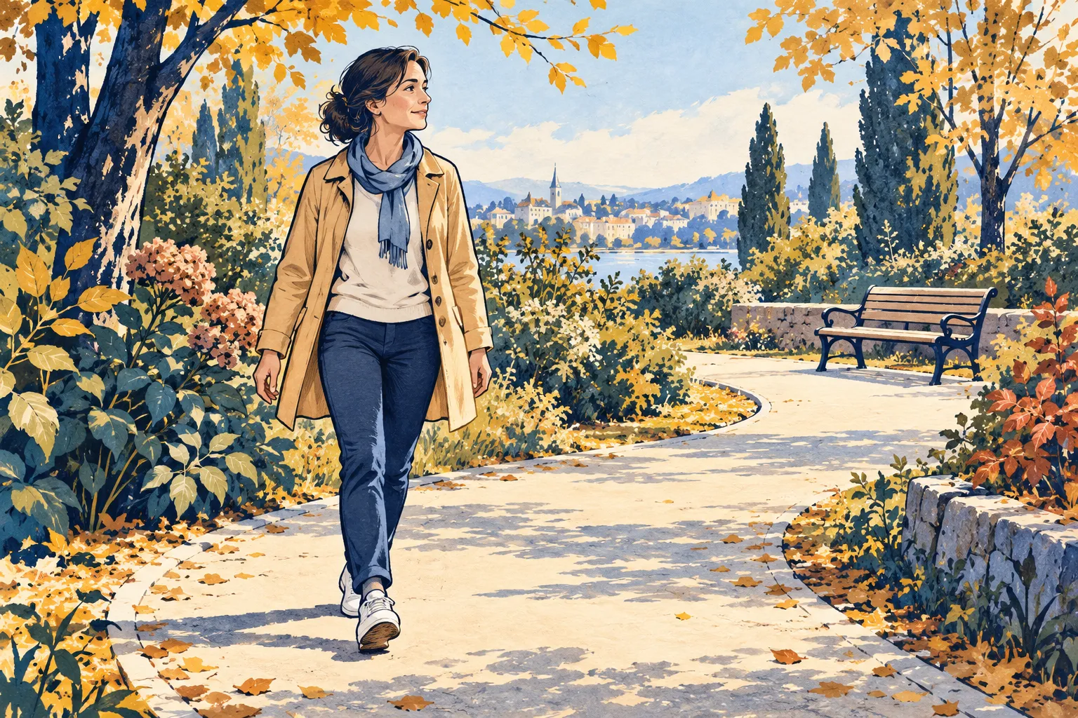 Illustration d’une femme marchant sur un chemin plat dans un jardin, avec un banc à proximité.
