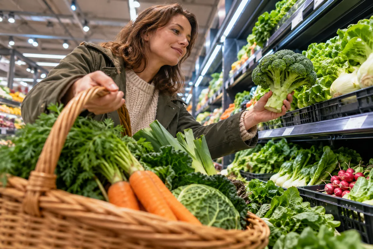 Une cliente choisit des légumes dans une grande surface, avec un panier de courses au premier plan.