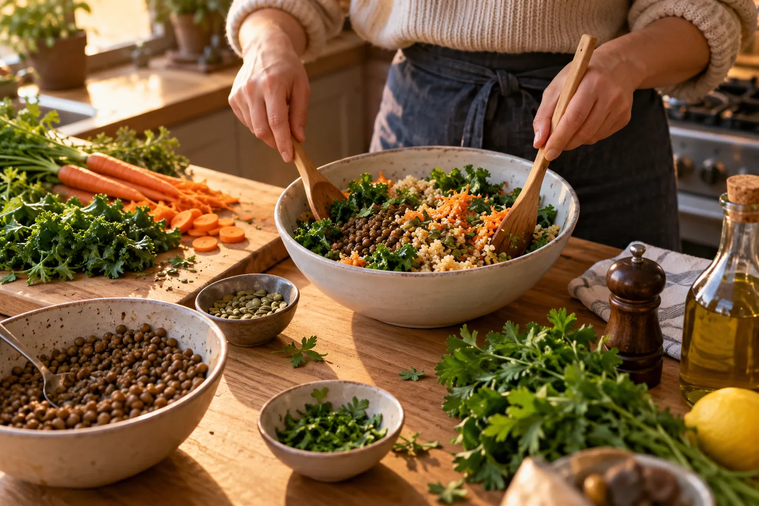 Préparation d’un repas avec des lentilles, des céréales et plusieurs légumes dans une cuisine.