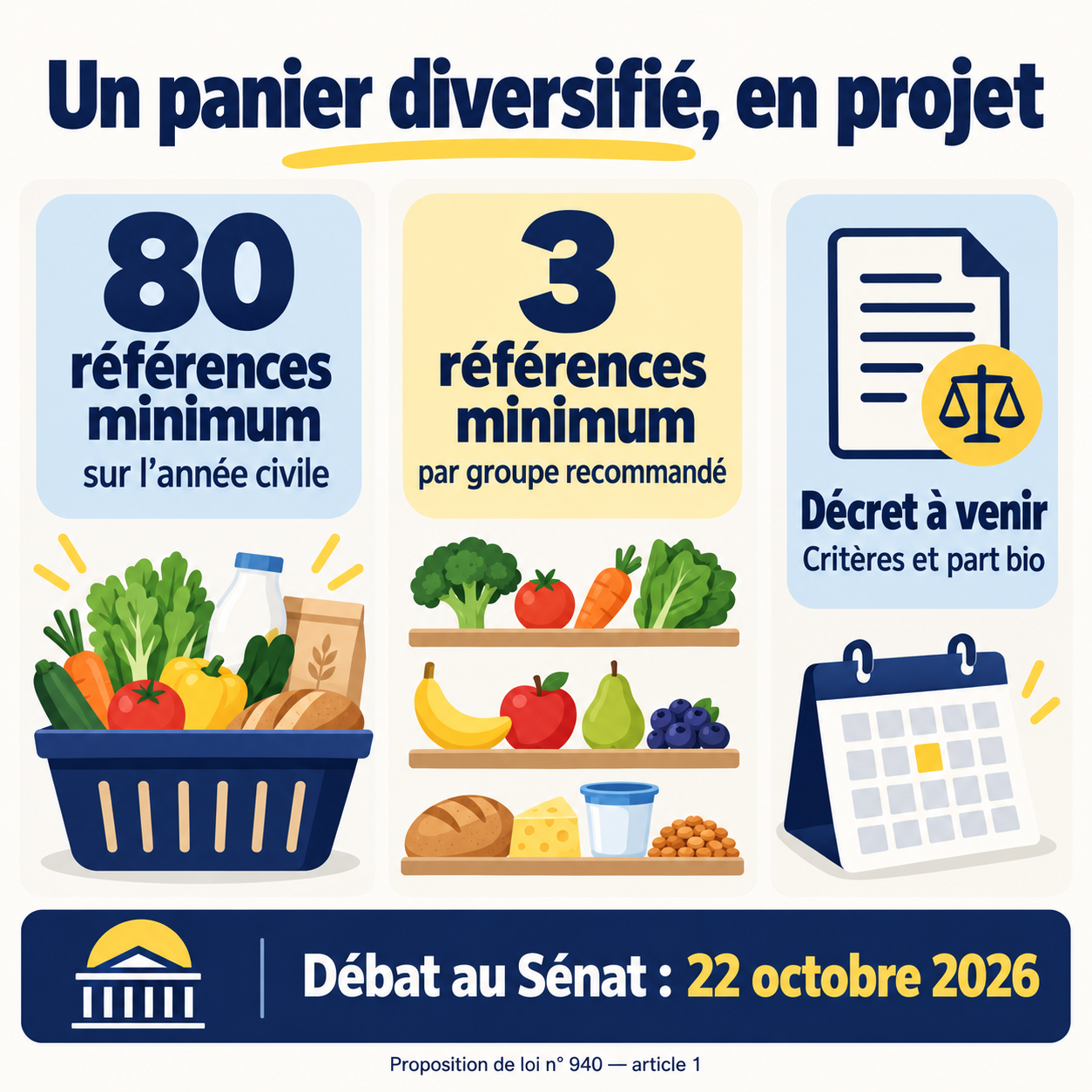 Projet de panier : au moins 80 références sur l’année civile et 3 par groupe recommandé, avec des critères à préciser par décret.