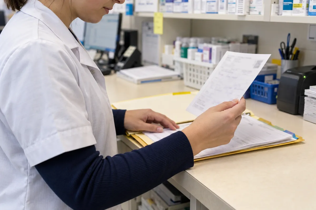 Une personne examine une feuille au-dessus d’un dossier ouvert sur un plan de travail.