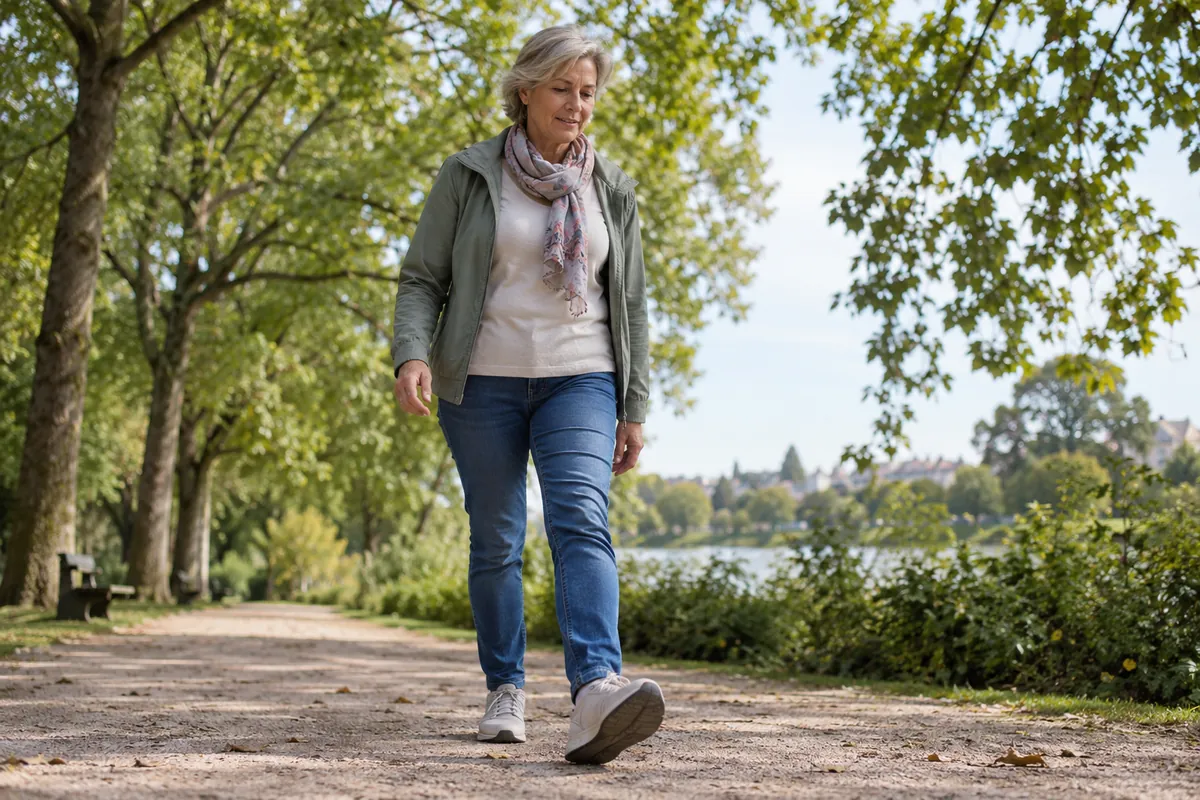 Une femme marche sur un chemin plat dans un parc, en chaussures confortables.