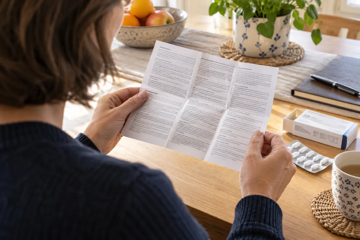 Lecture d’une notice dépliée sur une table à la maison.