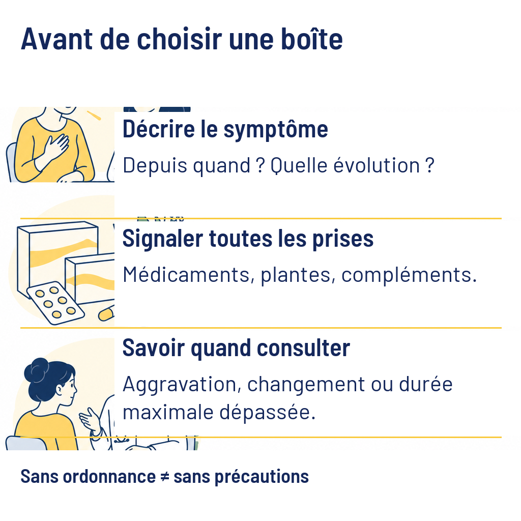 Avant de choisir un produit : décrire les symptômes, signaler toutes les prises et savoir quand consulter.