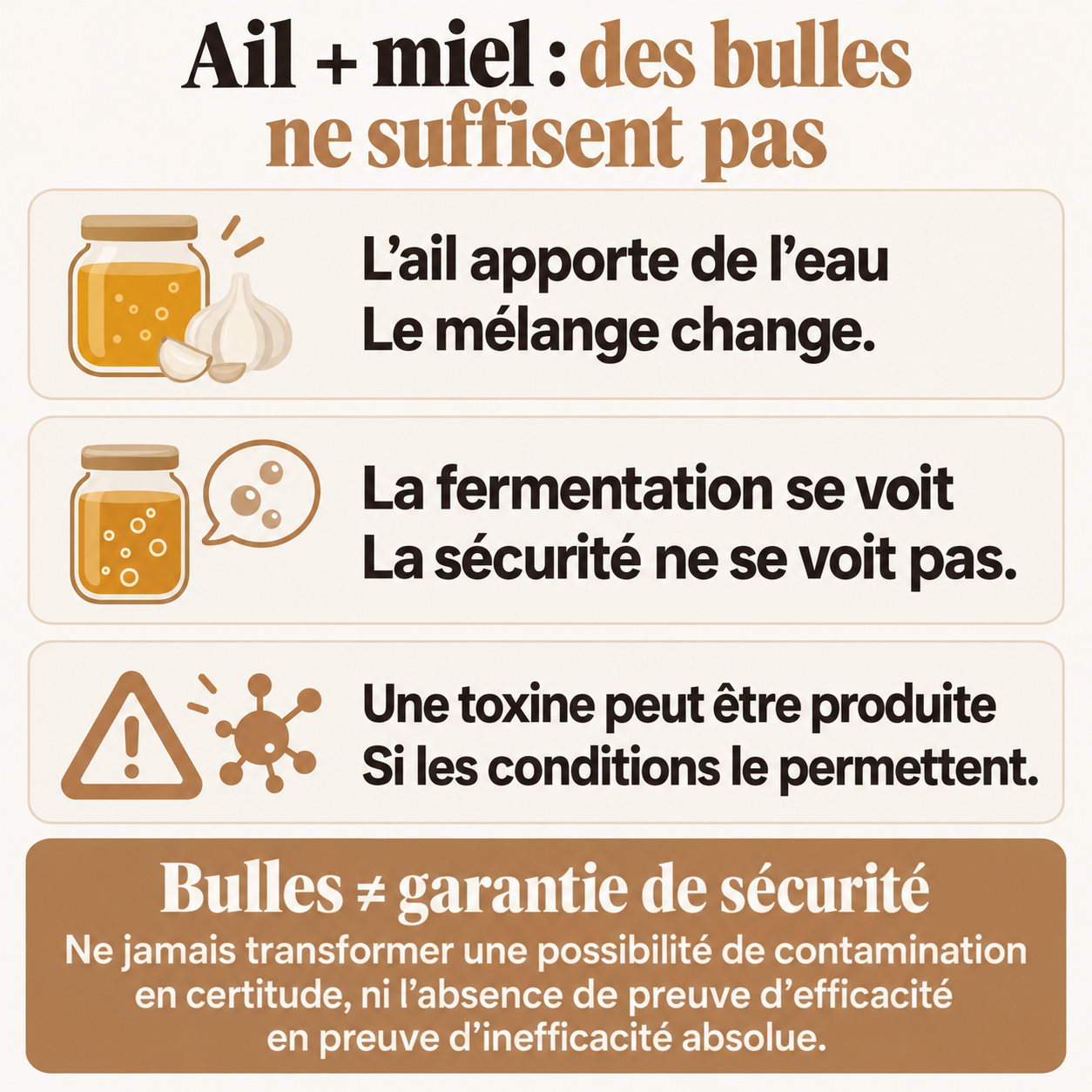 Ail et miel : l’ail apporte de l’eau ; les bulles ne garantissent pas la sécurité ; une toxine botulique peut être produite si les conditions le permettent.
