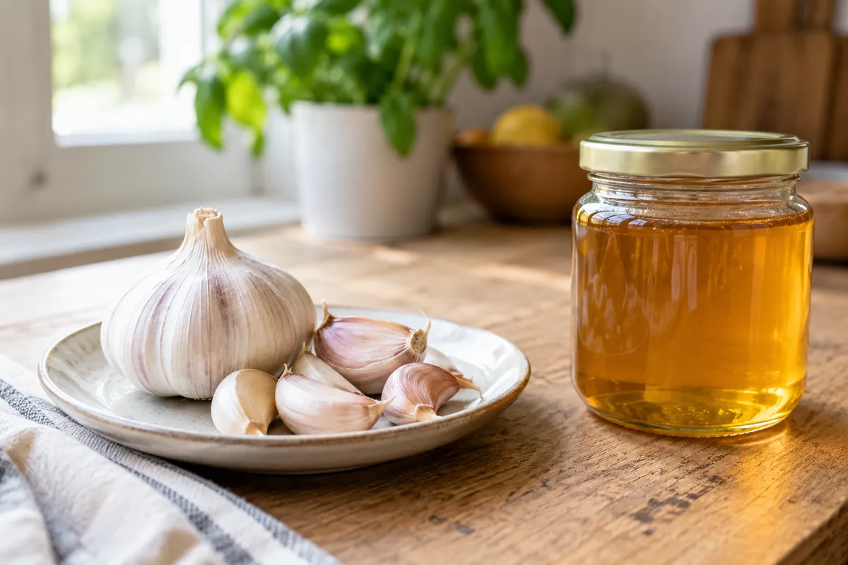 Une tête d’ail, quelques gousses sur une assiette et un pot de miel séparé sur une table de cuisine.