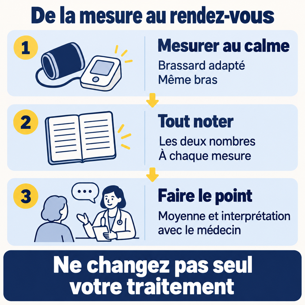 Trois étapes : mesurer au calme avec un brassard adapté, noter les deux nombres à chaque mesure, puis discuter de la moyenne avec le médecin. Ne changez pas seul votre traitement.