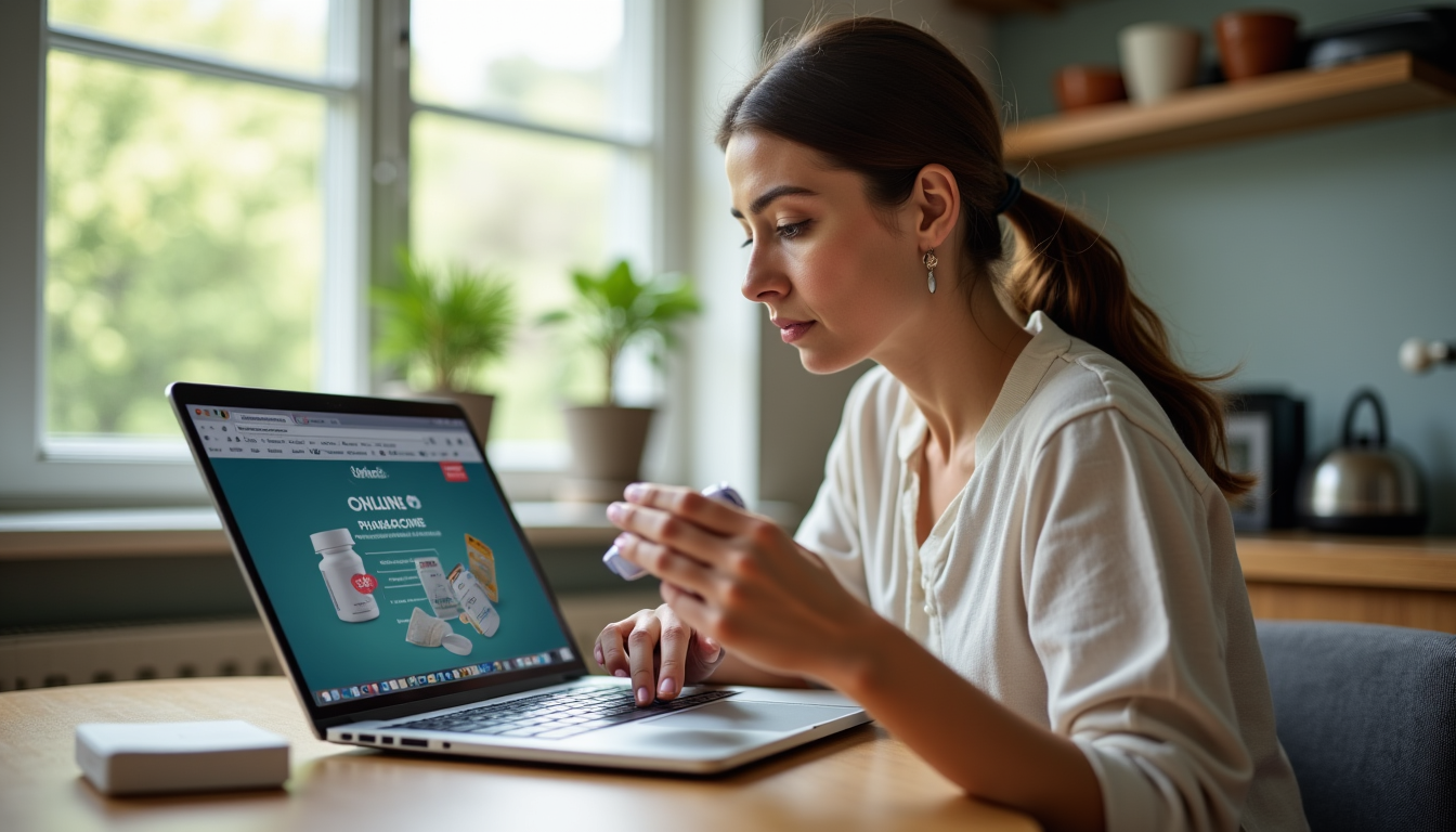 Femme consultant une pharmacie en ligne sur un ordinateur portable