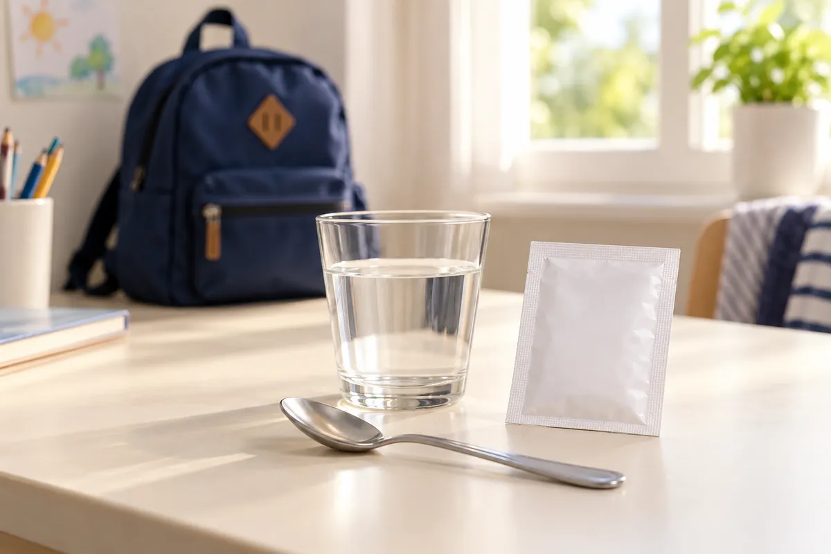 Verre, cuillère et sachet neutre de réhydratation devant un cartable, illustration du soin à domicile.
