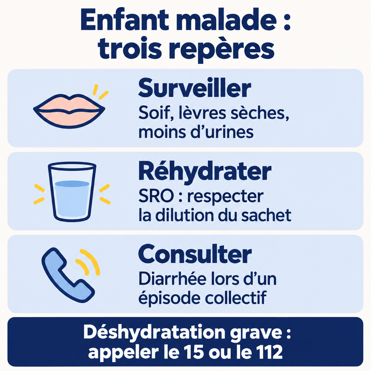 Enfant malade : surveiller la soif, les lèvres sèches et les urines ; respecter la dilution du SRO ; consulter en cas de diarrhée lors d’un épisode collectif. Déshydratation grave : appeler le 15 ou le 112.