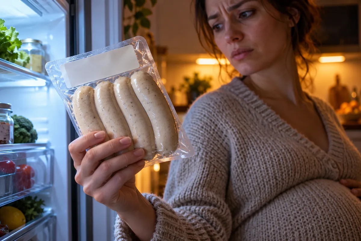 Une femme enceinte, main posée sur son ventre, tient devant son réfrigérateur ouvert un paquet sous vide de quatre boudins blancs et le regarde d'un air hésitant.
