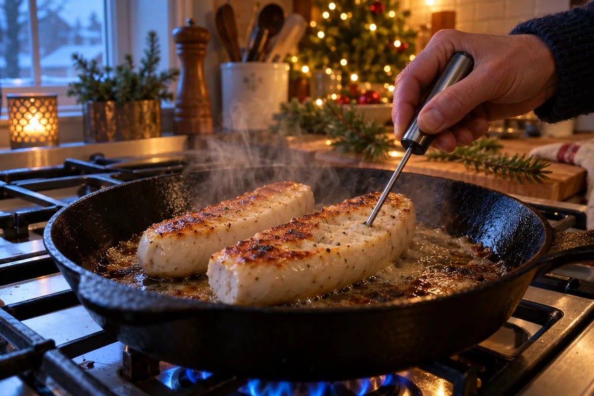 Deux boudins blancs coupés en deux dorent dans une poêle en fonte sur un feu de gaz, une main enfonce une sonde de thermomètre de cuisine au cœur de l'un d'eux, guirlandes de Noël floues à l'arrière-plan.