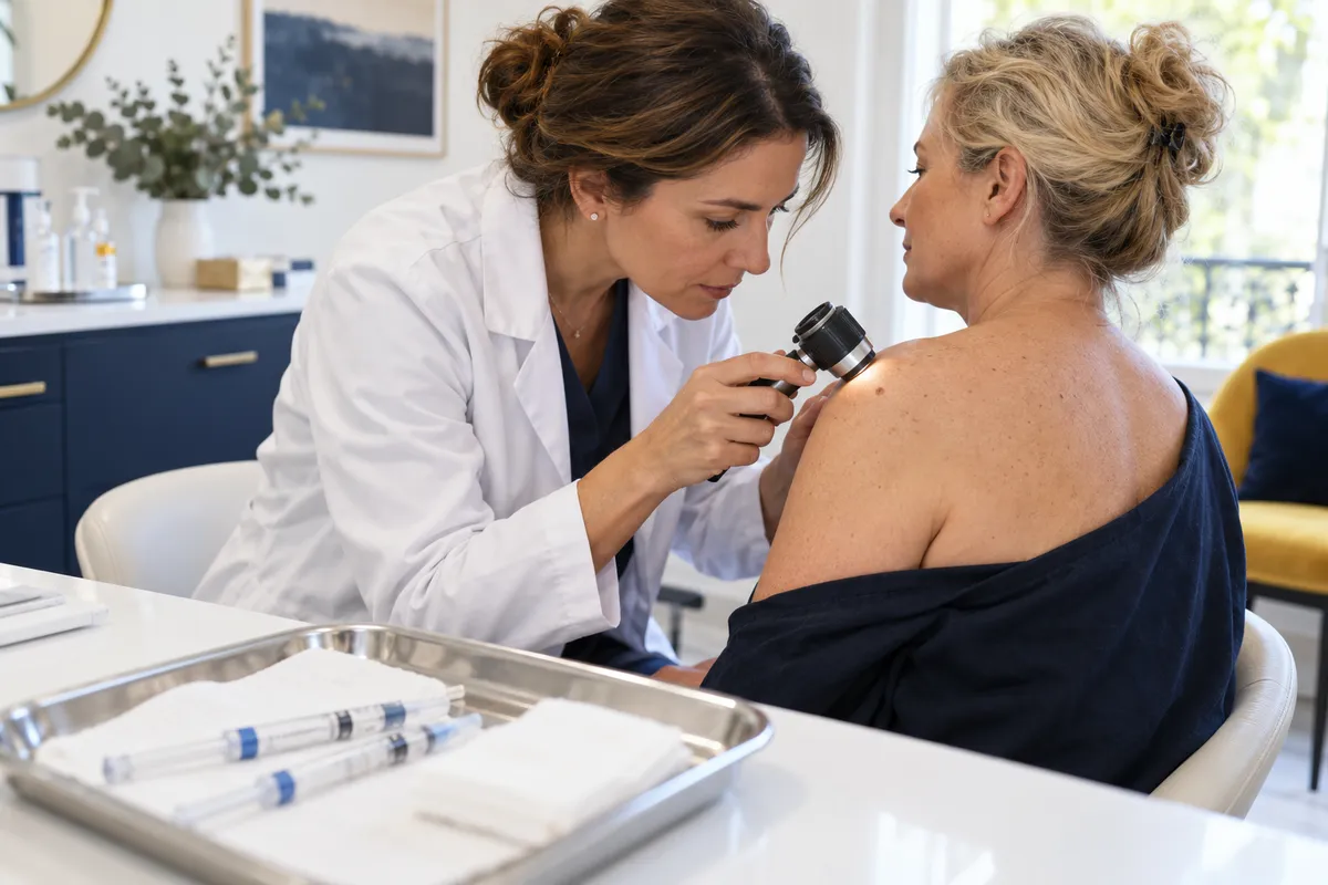 Une dermatologue examine au dermatoscope un grain de beauté sur l'épaule d'une patiente ; au premier plan, un plateau avec des seringues.