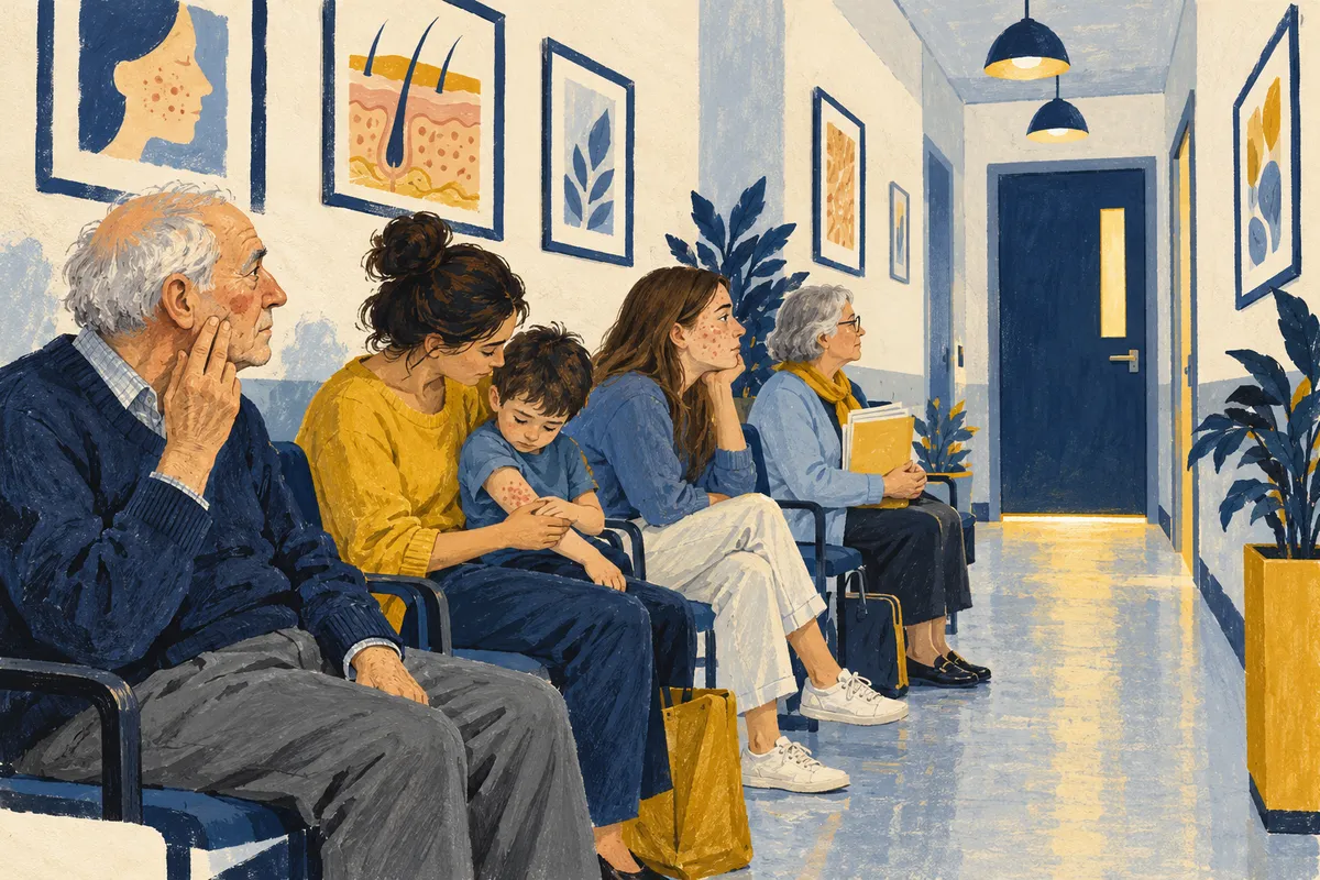 Illustration d'une salle d'attente de cabinet médical où patientent un homme âgé, une mère et son enfant, une jeune femme et une retraitée.