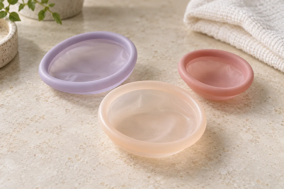 Trois disques menstruels réutilisables de couleurs et de tailles différentes, posés sur une surface claire