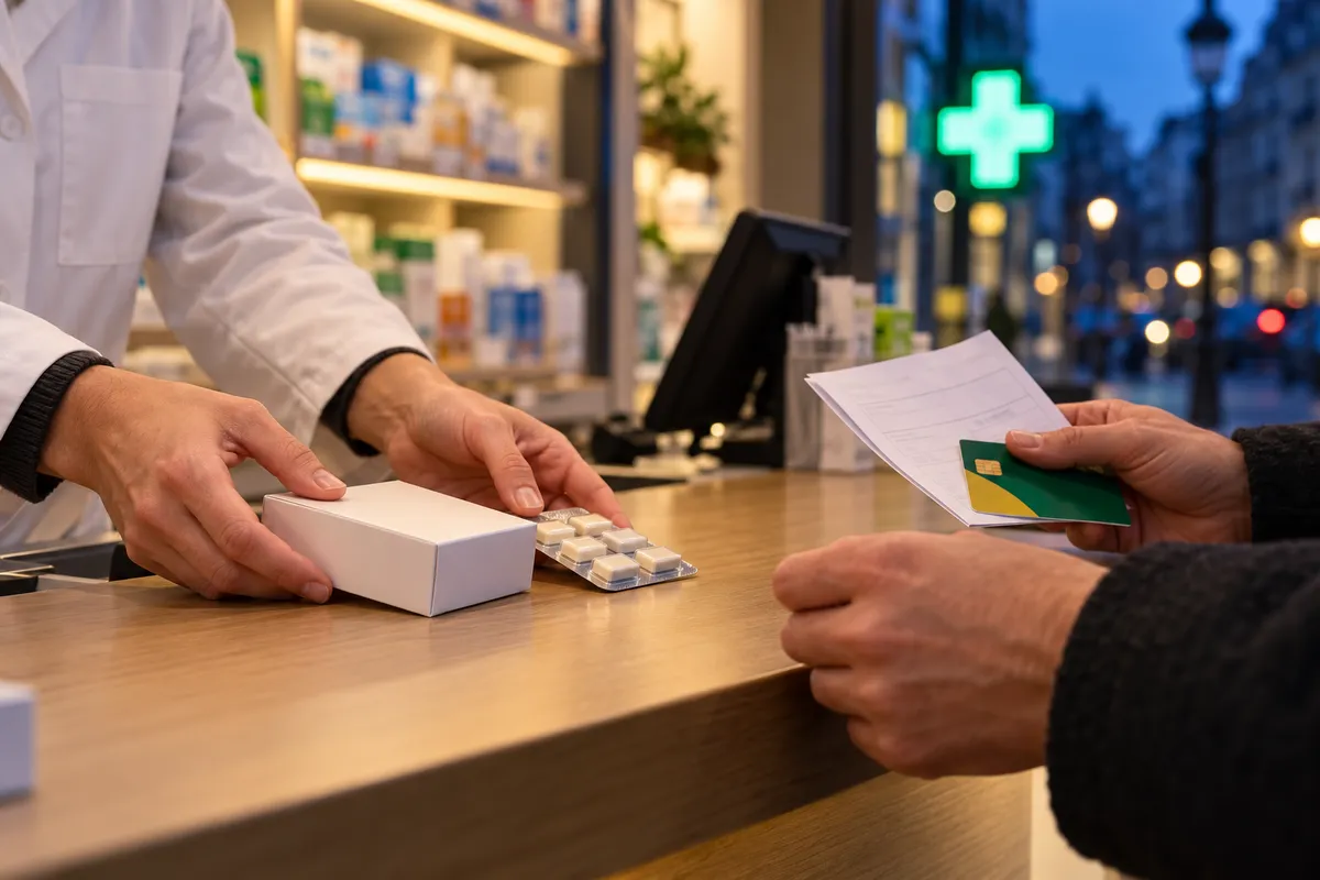 Au comptoir d'une pharmacie, une pharmacienne tend une boîte blanche et une plaquette de gommes à un client qui tient une ordonnance et une carte d'assurance maladie