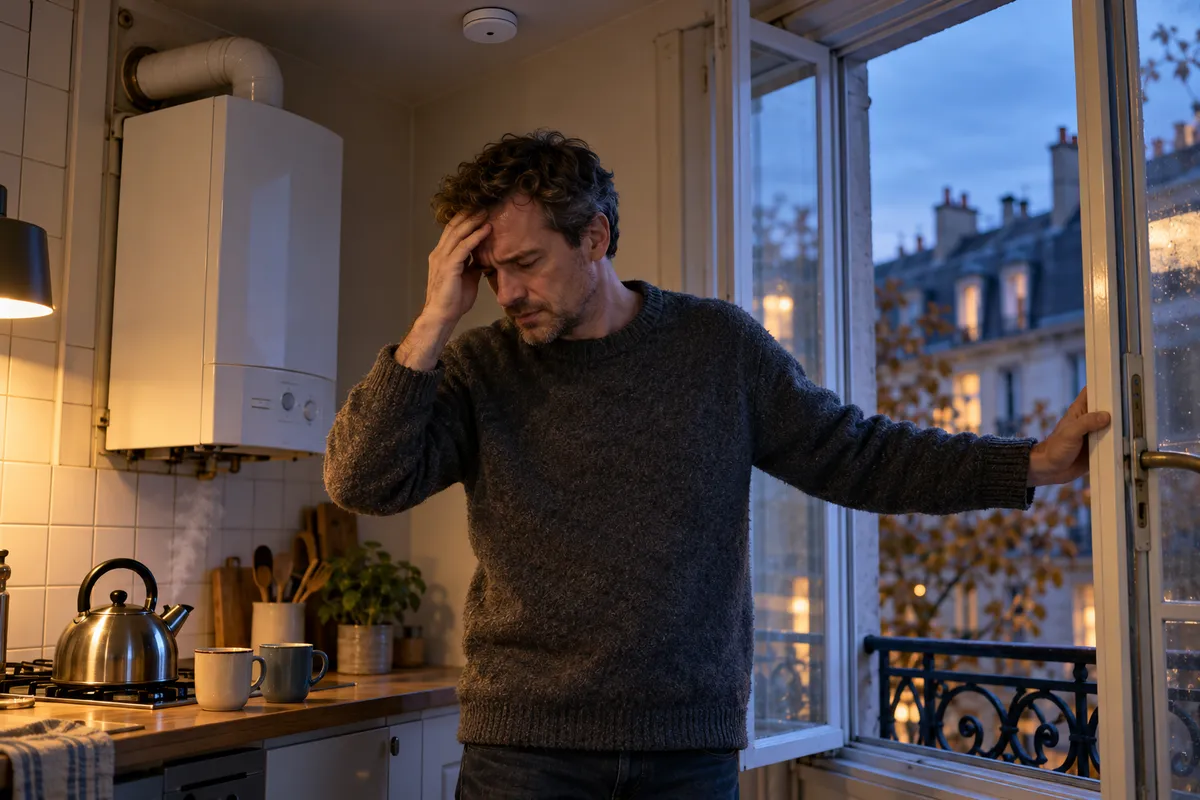 Dans une cuisine au crépuscule, un homme ouvre grand la fenêtre en se tenant le front, à côté d'une chaudière murale à gaz, avec un détecteur rond fixé au plafond.