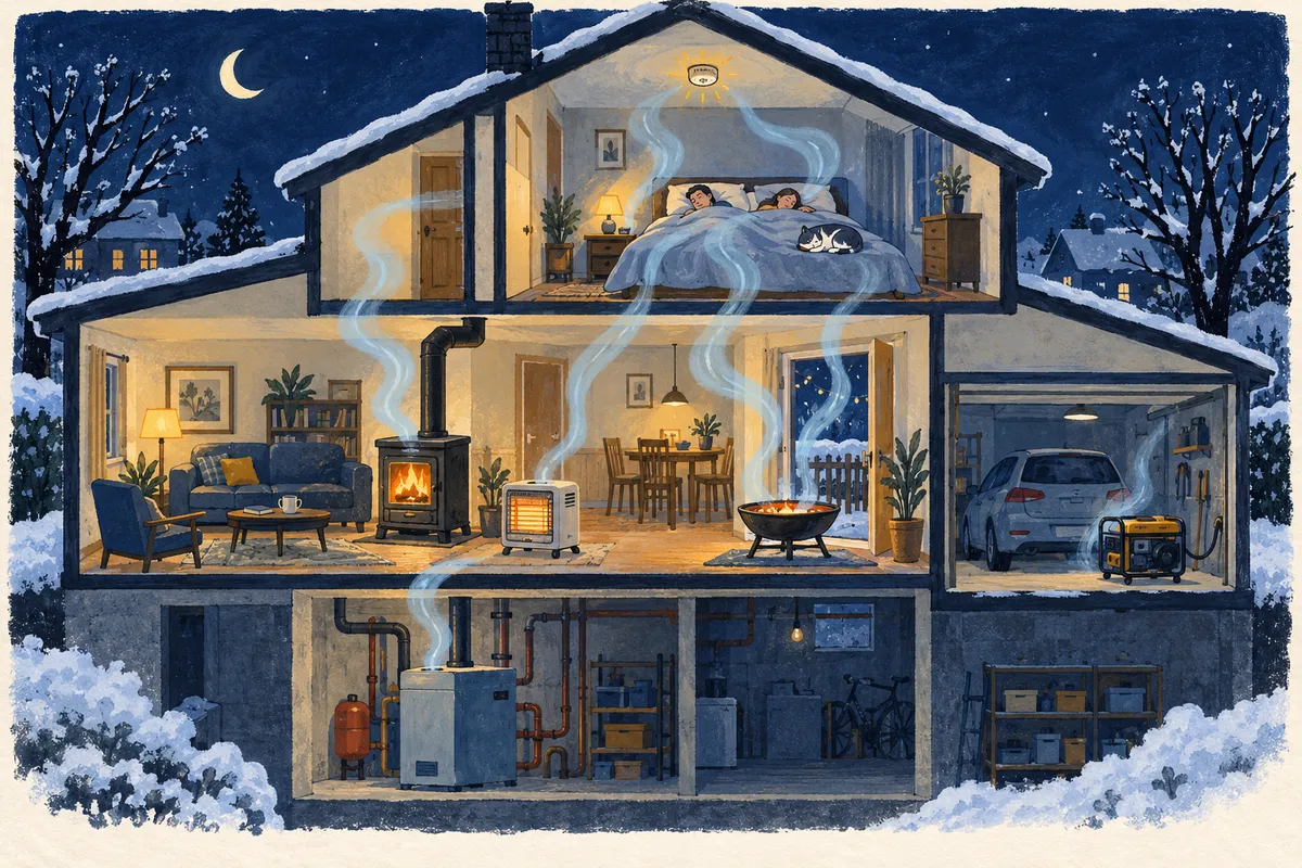 Illustration : vue en coupe d'une maison en hiver avec une chaudière, un poêle, un chauffage d'appoint, un brasero, une voiture et un groupe électrogène, dont de fines volutes montent vers une chambre où dorment deux personnes et un chat.