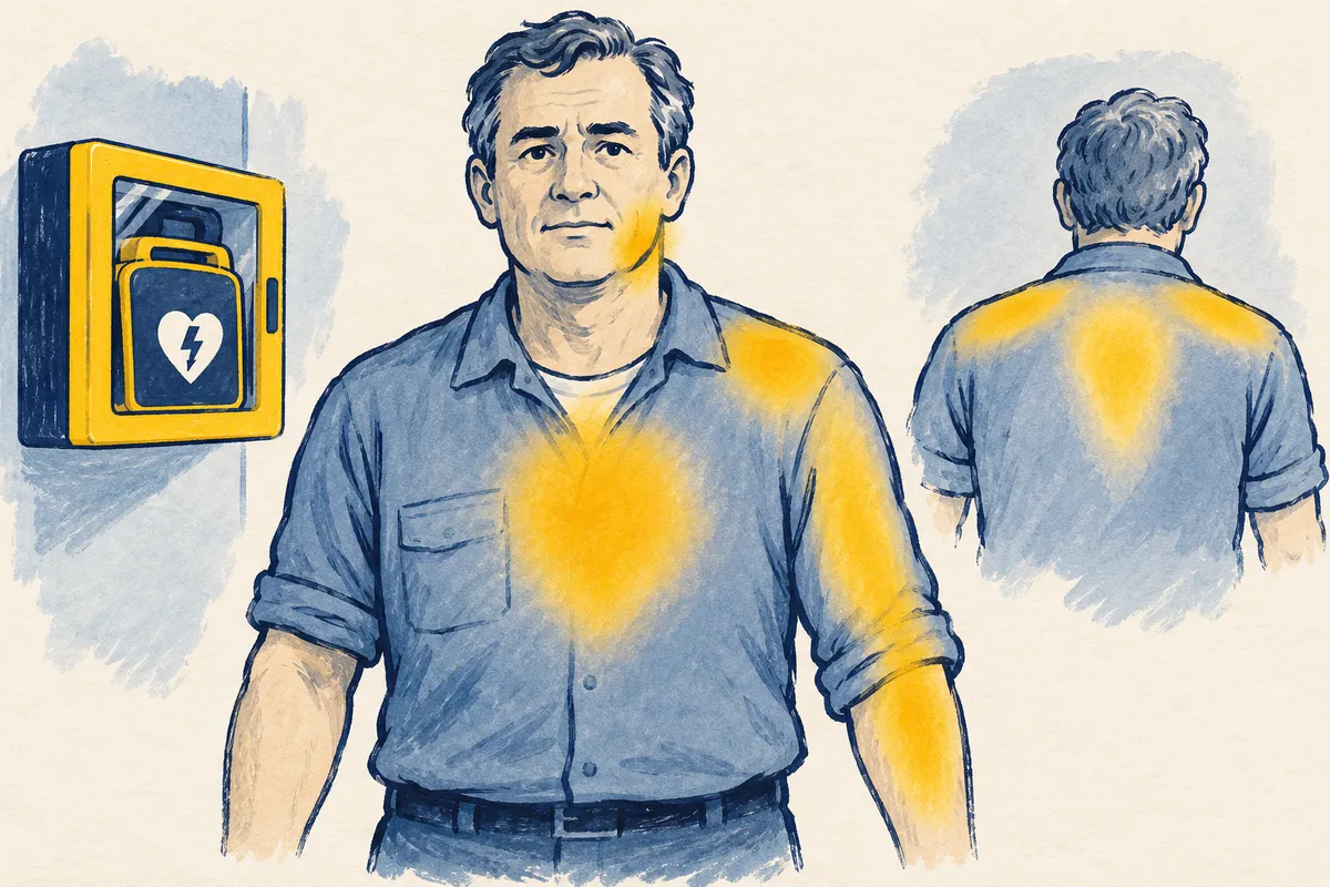 Illustration à la gouache : un homme en tenue de travail vu de face, avec des zones jaunes sur le centre de la poitrine, la mâchoire, l’épaule et le bras gauches, une petite silhouette de dos marquée entre les omoplates, et à gauche un boîtier mural de défibrillateur.