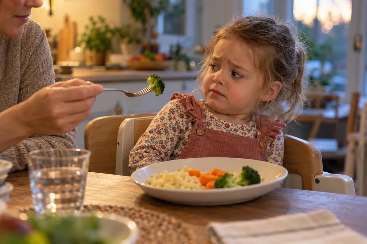 Une fillette d'environ 3 ans, assise dans sa chaise à la table familiale, se recule avec méfiance devant un morceau de brocoli tendu sur une fourchette.
