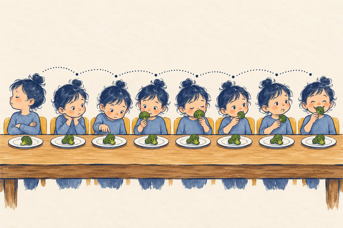 Illustration à la gouache : huit fois le même enfant devant une assiette de brocoli, de la tête détournée au sourire en croquant le légume.