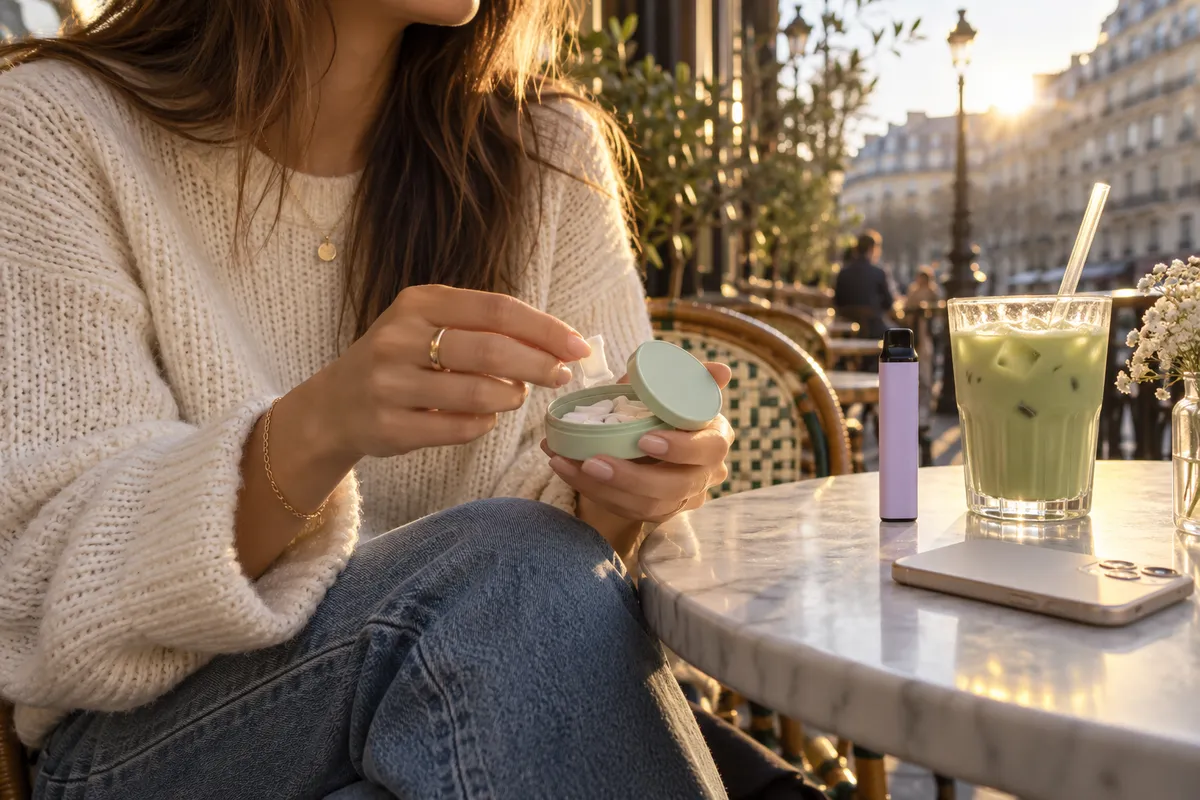 Les mains d'une jeune femme en terrasse tiennent une boîte ronde de sachets de nicotine, à côté d'une vape lilas, d'un matcha glacé et d'un téléphone posé sur une table en marbre.